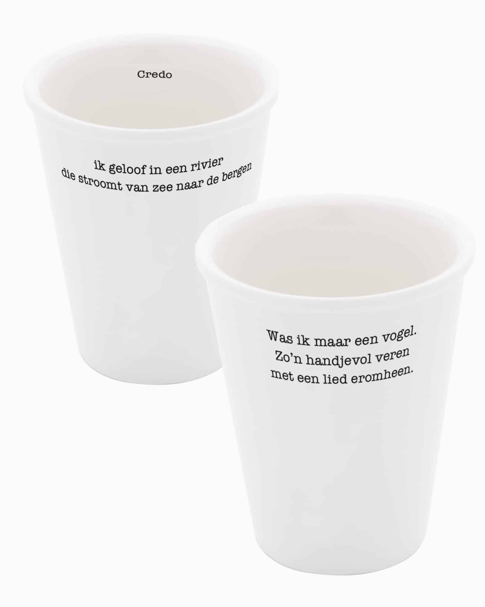 Plaatjes pre-order combideal Credo:Zo'n handjevol veren7 Set porseleinen bekers 'Was ik maar een vogel' & 'Credo' - Afbeelding 1